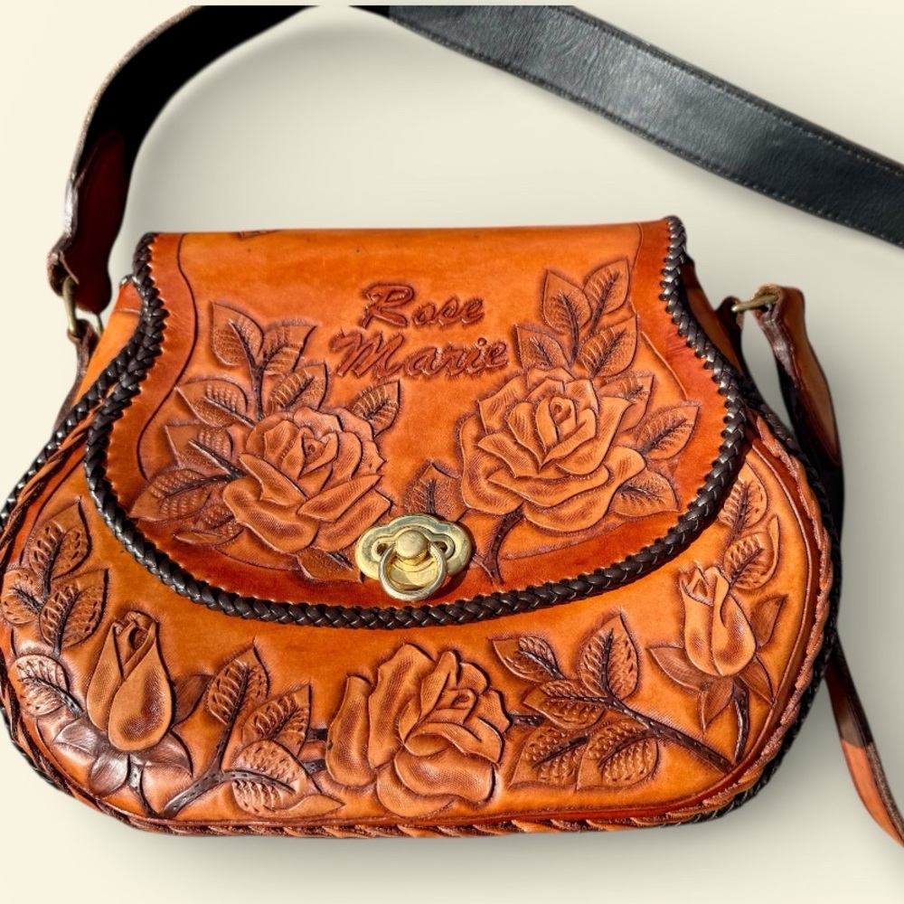 Vtg 70s Hand Tooled Leather Bag Floral Satchel Personalized “Rose Marie” EUC